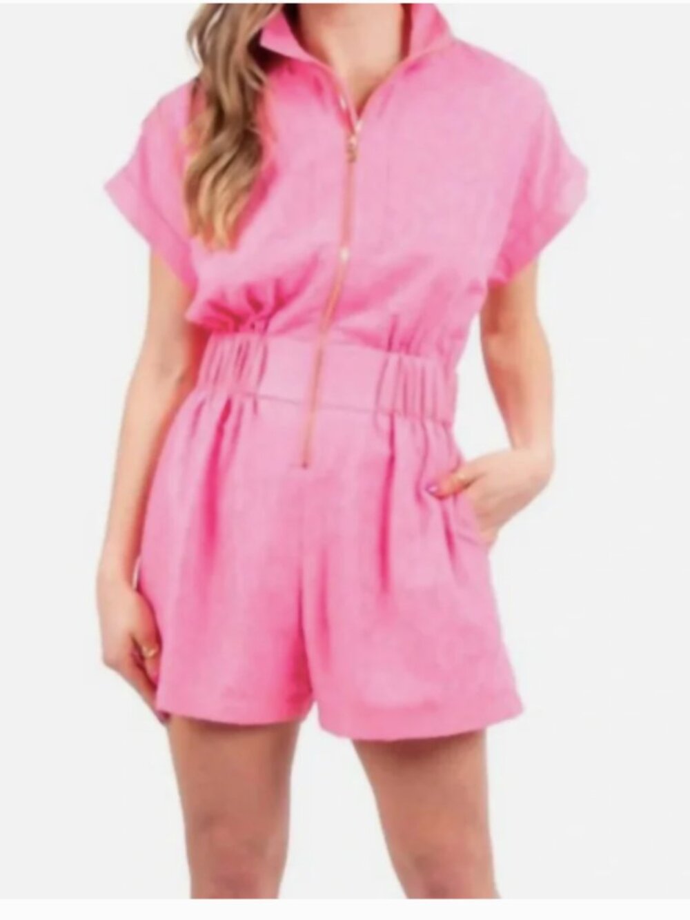 Emily McCarthy Poppy Zip Front Textured Romper Taffy Cheetah Extra Small